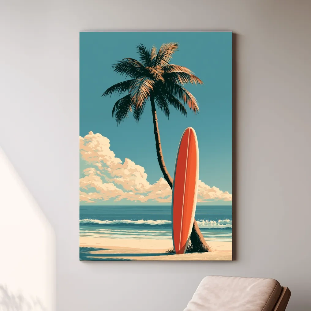 Vintage Surfboard on Palm Beach - Retro Coastal Wall Art