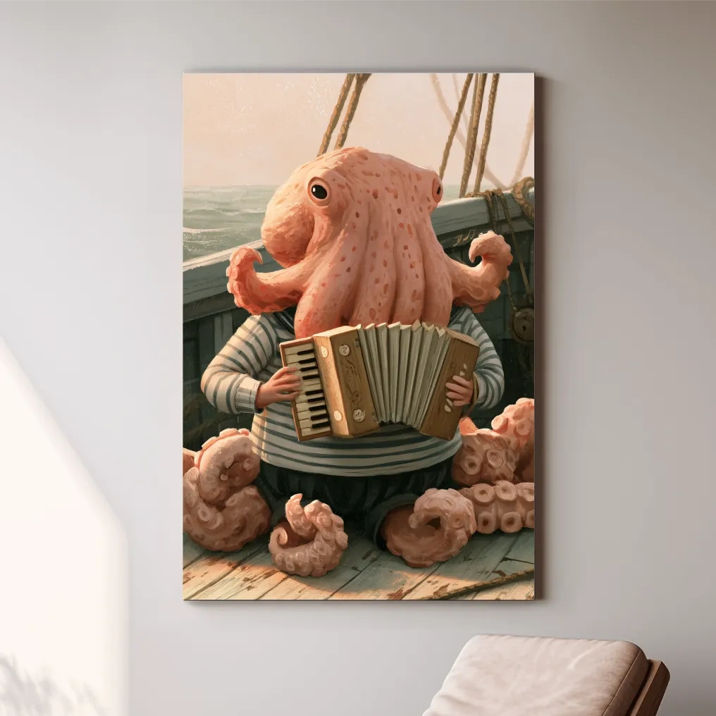 Whimsical Scandi Octopus Accordion Player - Nautical Folk Art Painting