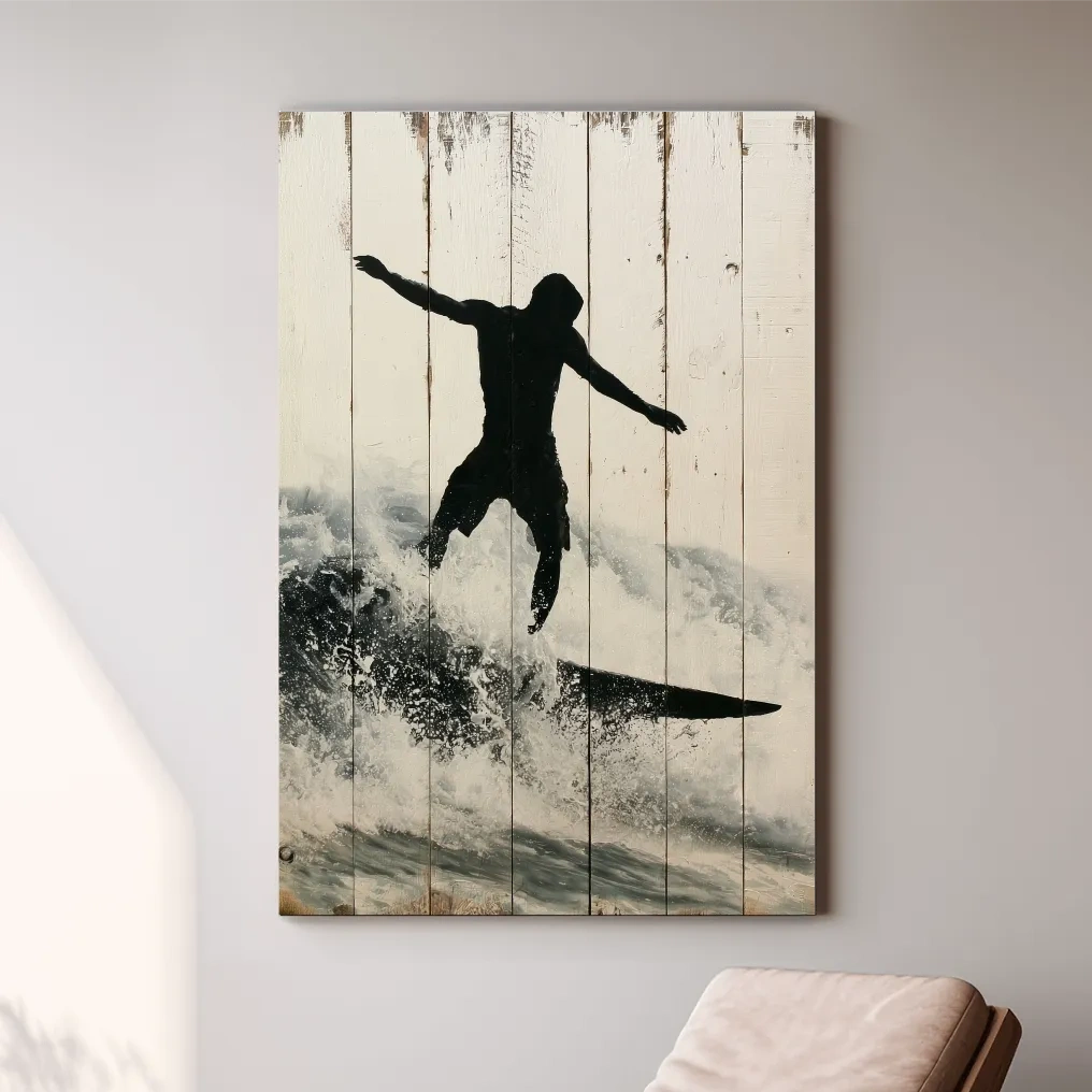 Surfer Silhouette Painting - Rustic Reclaimed Wood Artwork
