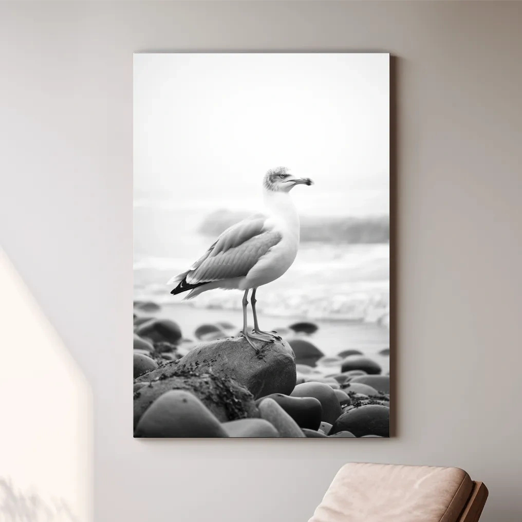 Misty Seagull On Pebble Beach - Minimalist Photographic Wall Art