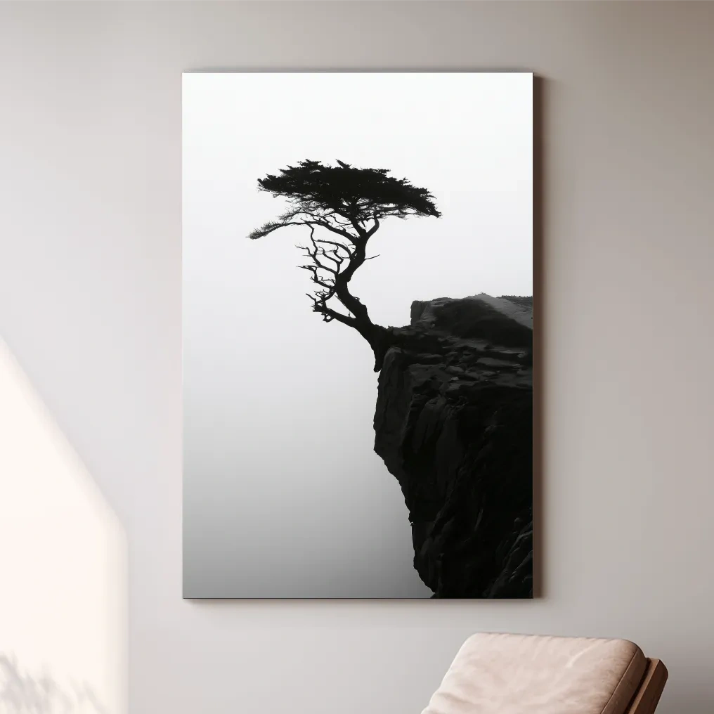 Misty Cypress Silhouette Cliff - Minimalist Photographic Wall Art