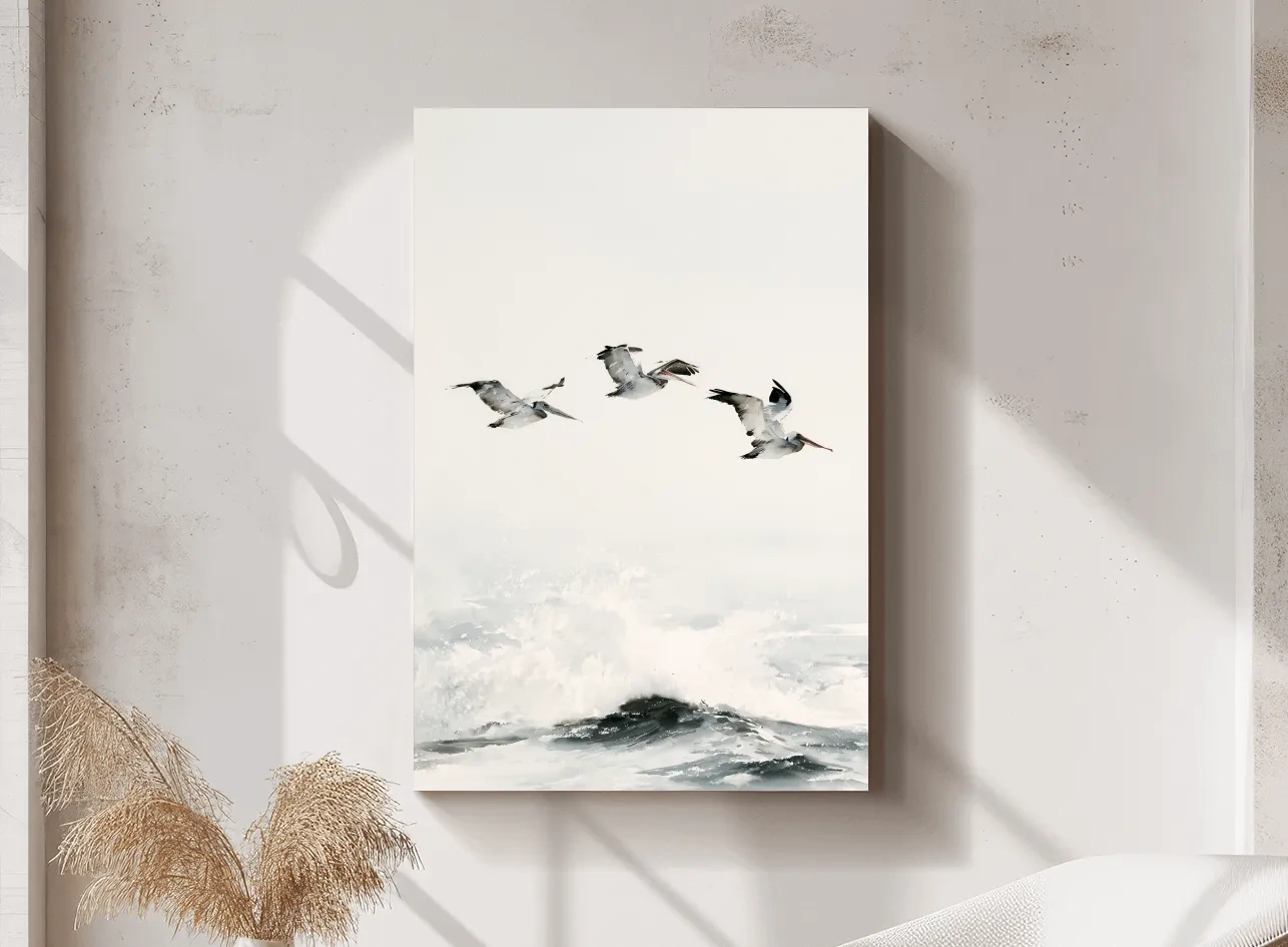 Graceful Pelicans Over Crashing Waves - Minimalist Seascape Watercolor Wall Art
