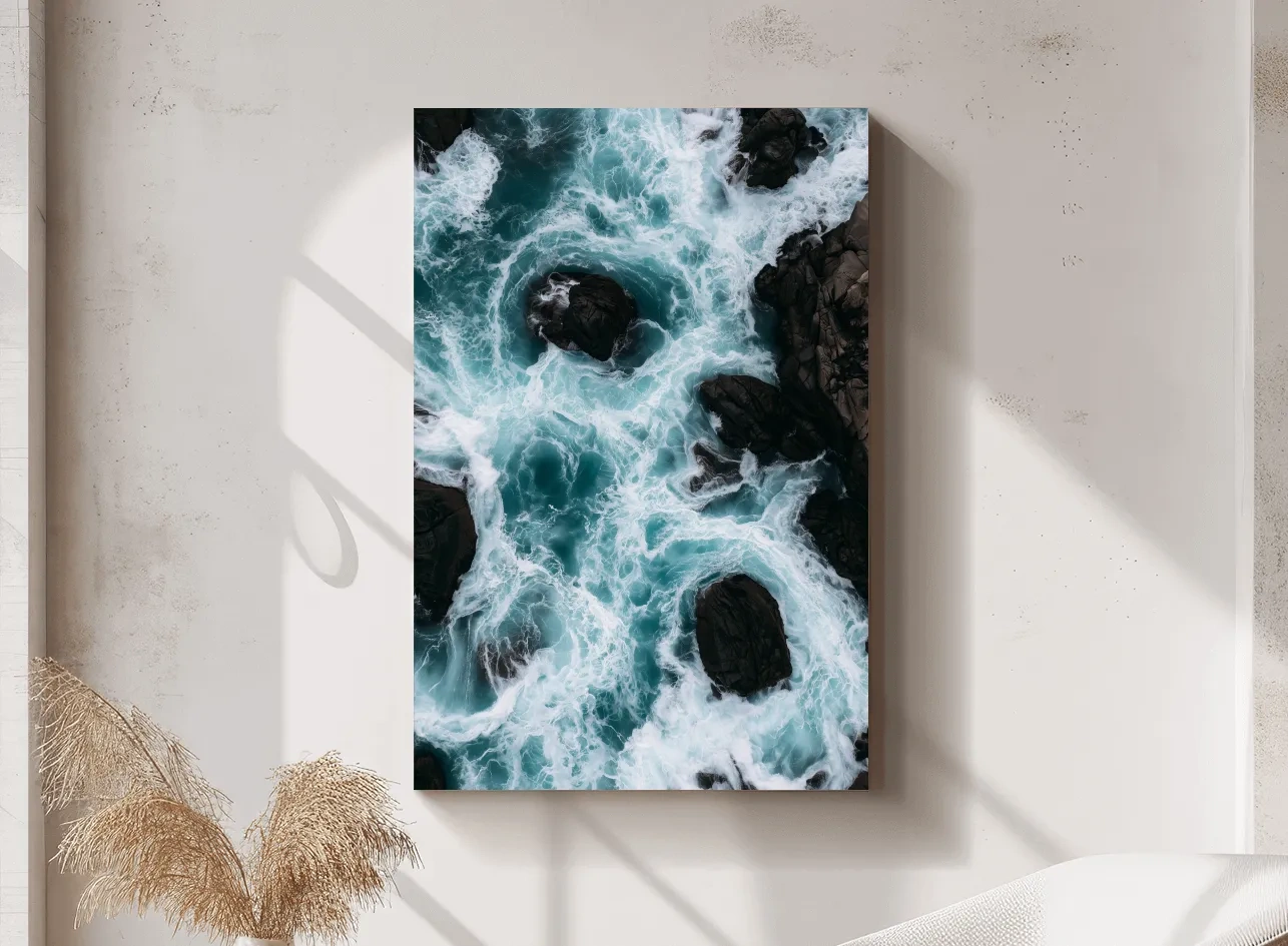 Aerial Crashing Waves Over Rocky Shore - Dramatic Photographic Wall Art
