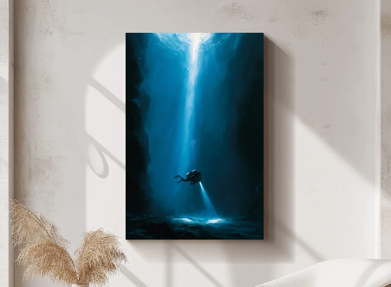 Surreal Underwater Scuba Diver Painting - Dramatic Deep Sea Wall Art