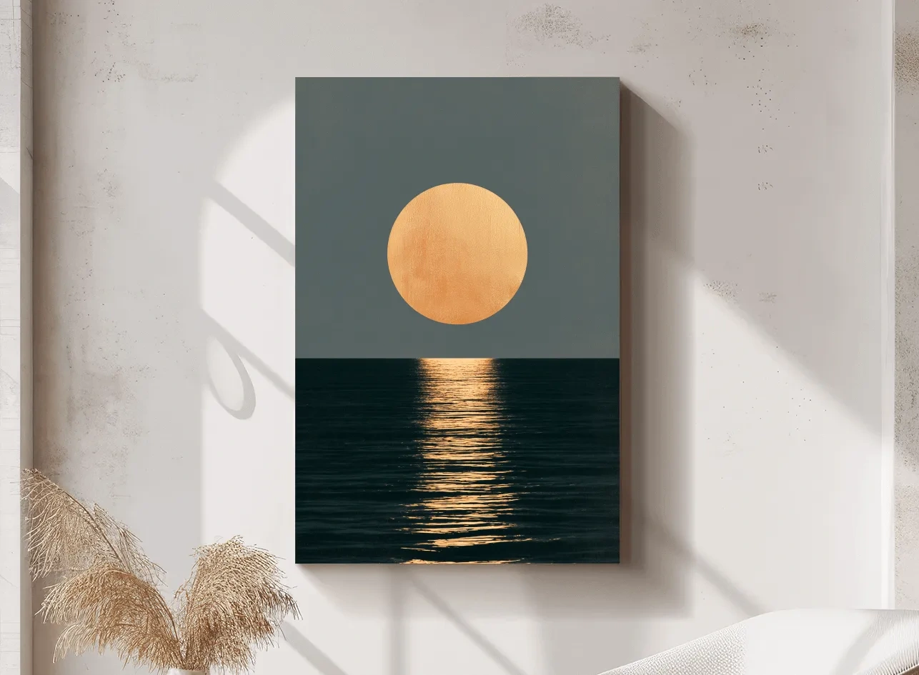 Minimalist Golden Sun Ocean Reflection - Boho Geometric Illustration Wall Art