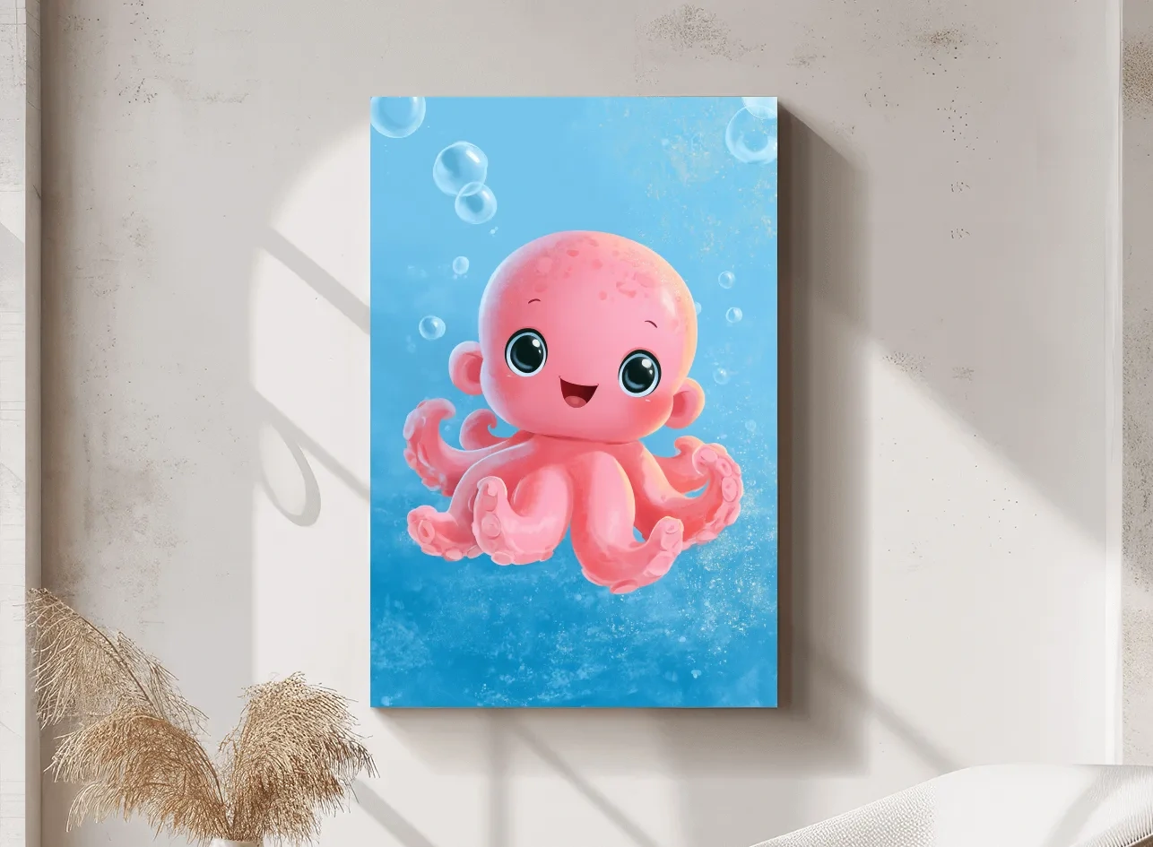 Cute Baby Octopus Underwater Illustration - Whimsical Nursery Marine Life Art
