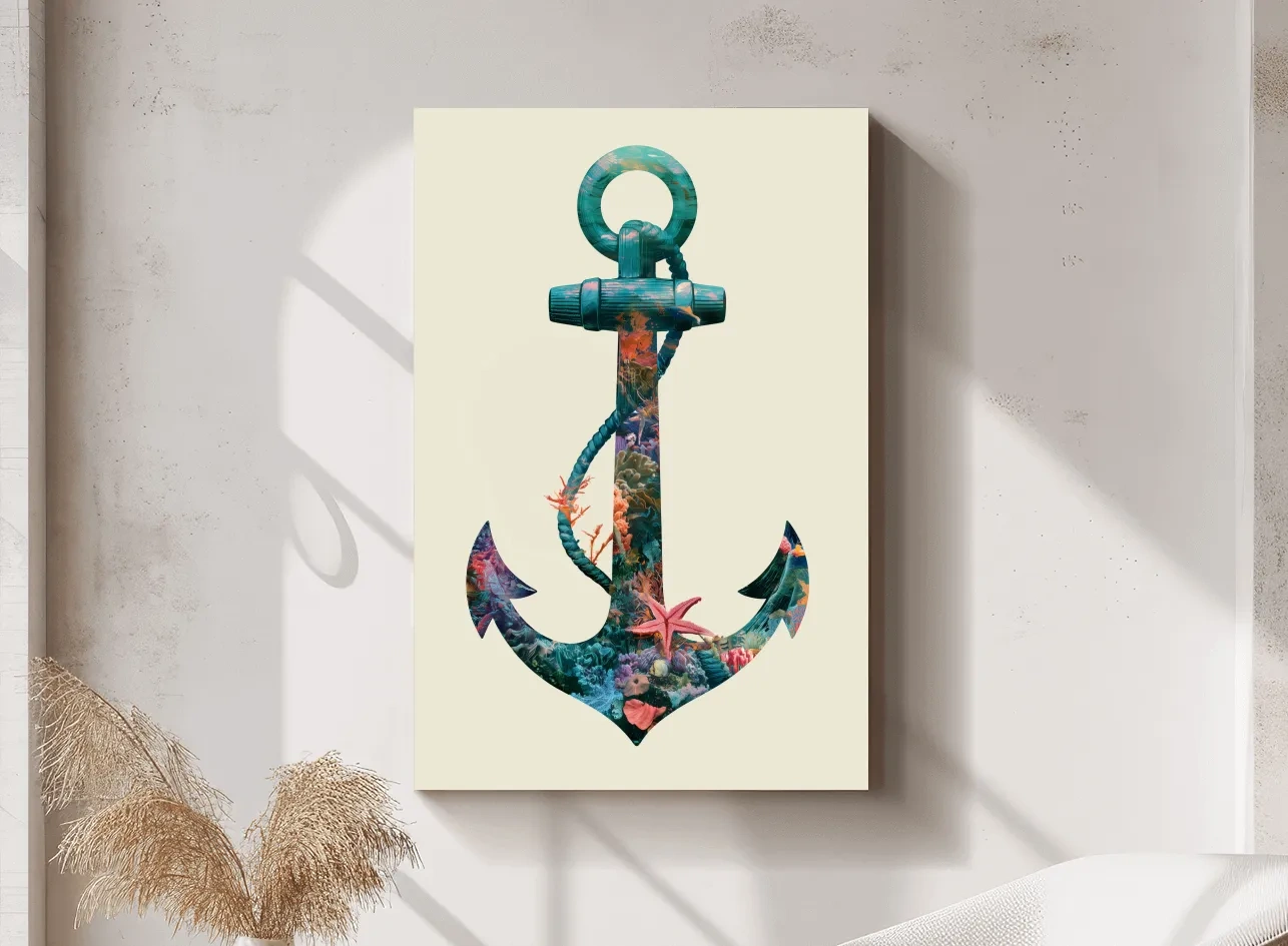Underwater Coral Anchor Double Exposure - Minimalist Illustration Wall Art