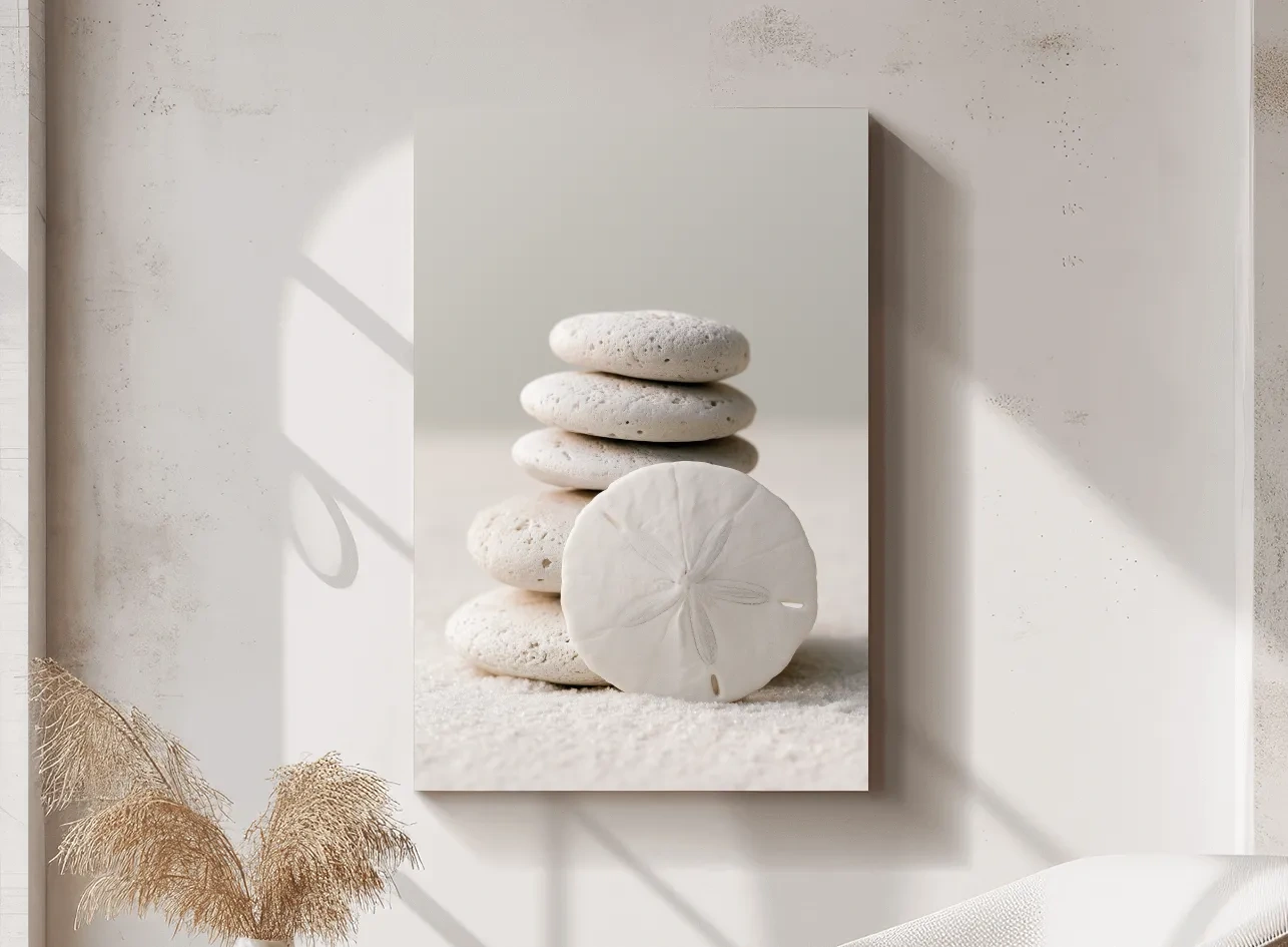 Sand Dollar Pebble Still Life - Minimalist Photographic Coastal Wall Art