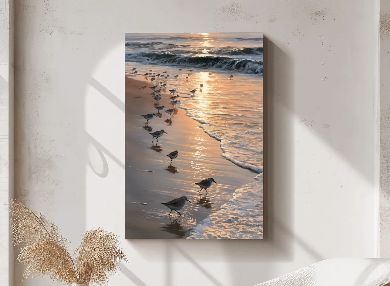 Shorebird Flock at Golden Sunset - Watercolour Beach Wall Art
