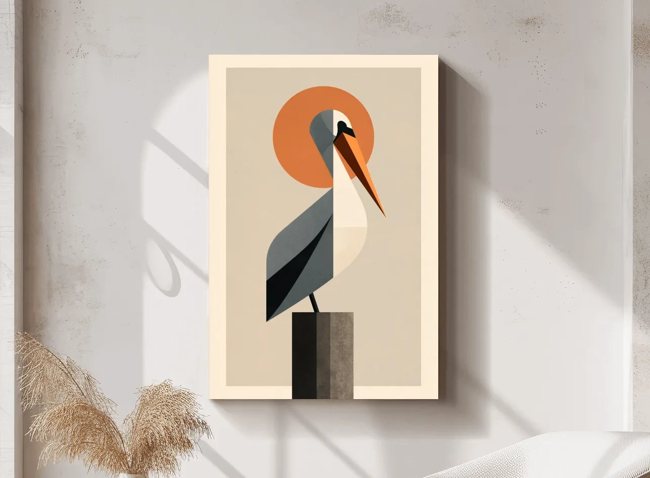 Mid-Century Geometric Pelican - Minimalist Coastal Illustration Wall Art