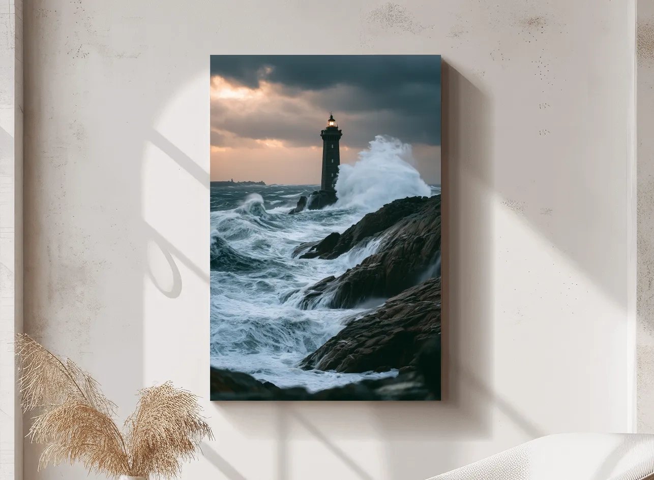 Misty Lighthouse Storm Waves - Dramatic Photographic Seascape Wall Art