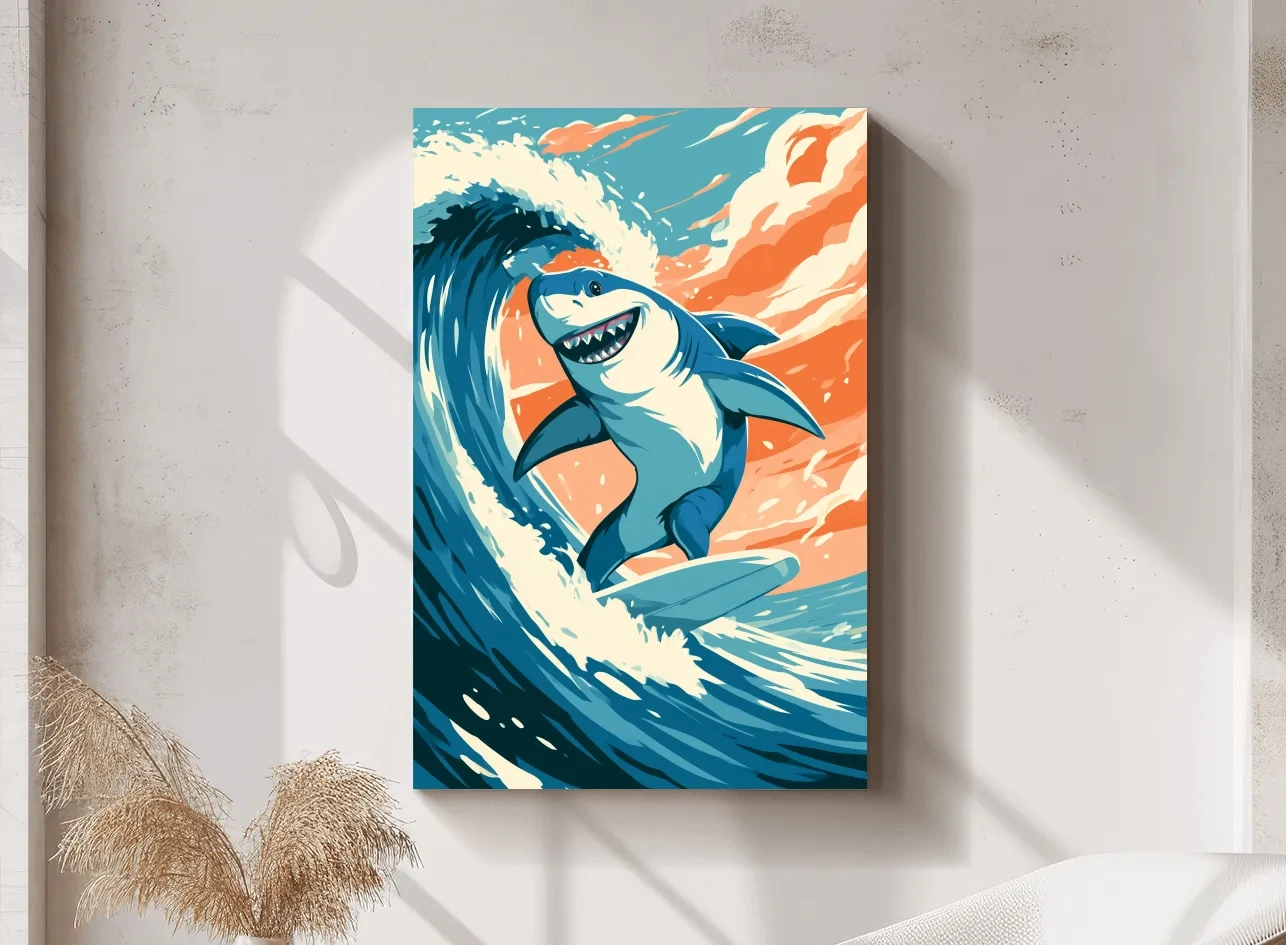 Happy Surfing Shark Vector Illustration - Quirky Marine Life Wall Art