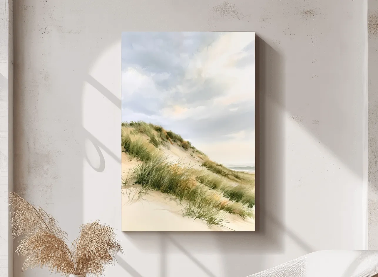 Serene Coastal Sand Dunes Watercolor - Soft Beach Landscape Wall Art