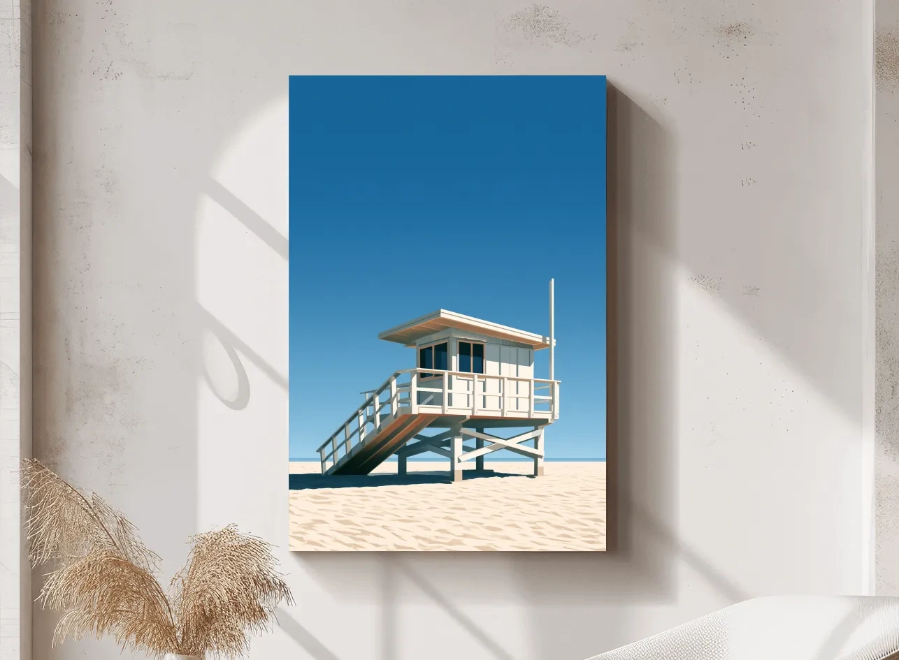 Mid-Century Beach Lifeguard Tower - Minimalist Vector Wall Art