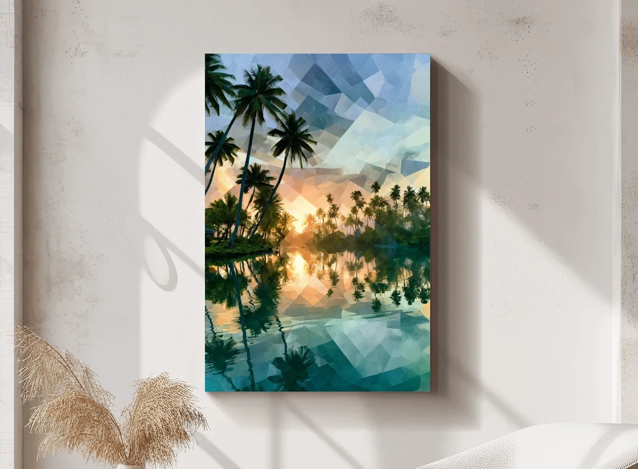 Tropical Lagoon Palm Trees - Abstract Sunset Painting Wall Art