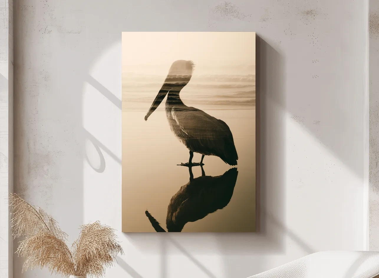 Pelican Double Exposure Silhouette - Minimalist Beach Photographic Wall Art