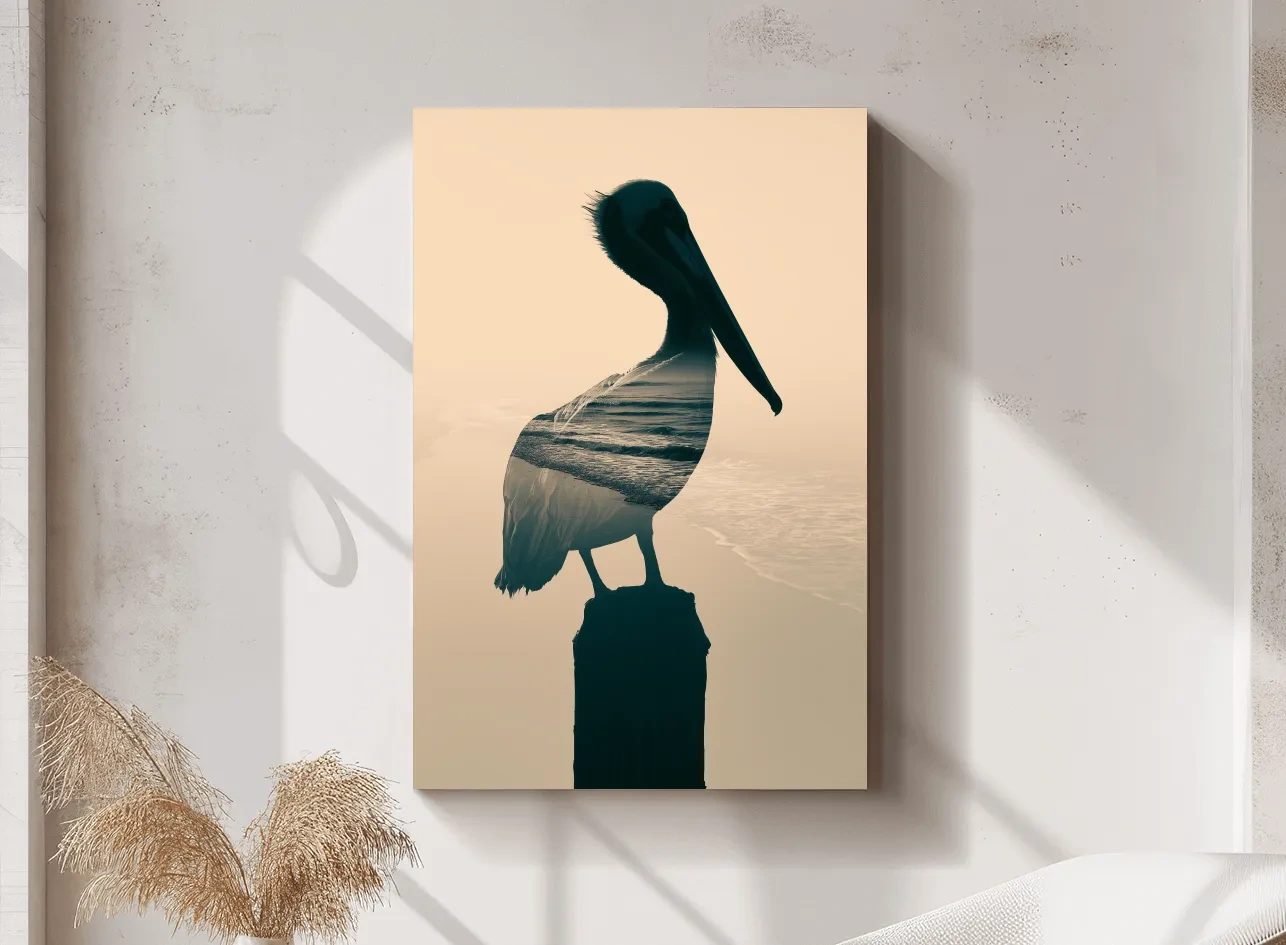 Pelican Double Exposure Silhouette - Minimalist Beach Photographic Wall Art