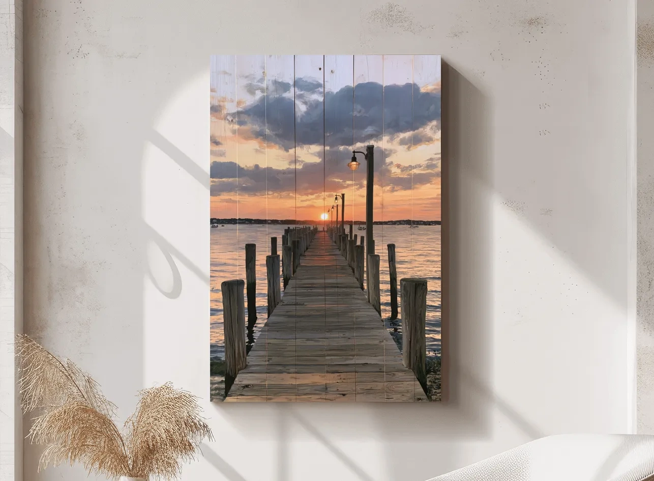 Sunset Pier Painting Reclaimed Wood Effect - Coastal Landscape Wall Art