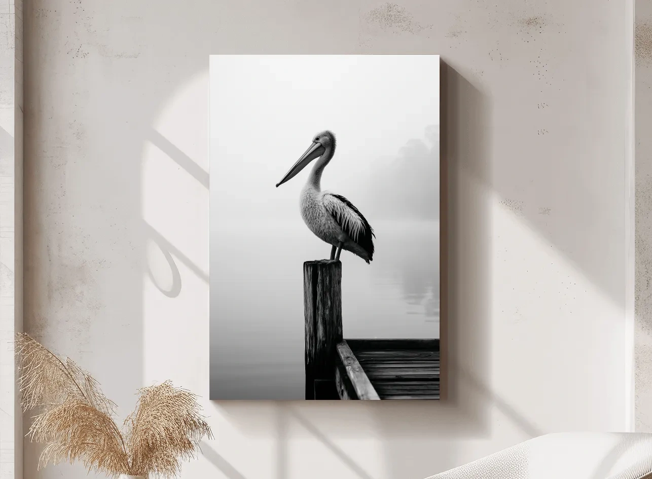 Misty Pelican On Pier - Minimalist Photographic Wall Art