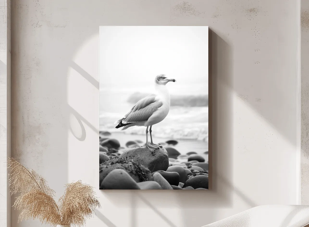 Misty Seagull On Pebble Beach - Minimalist Photographic Wall Art