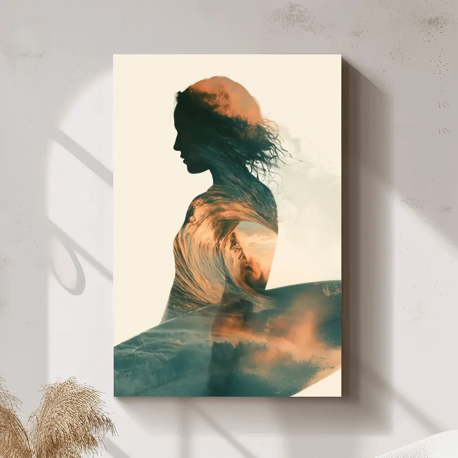 Surreal Female Silhouette Wave Double Exposure - Ocean Illustration Wall Art