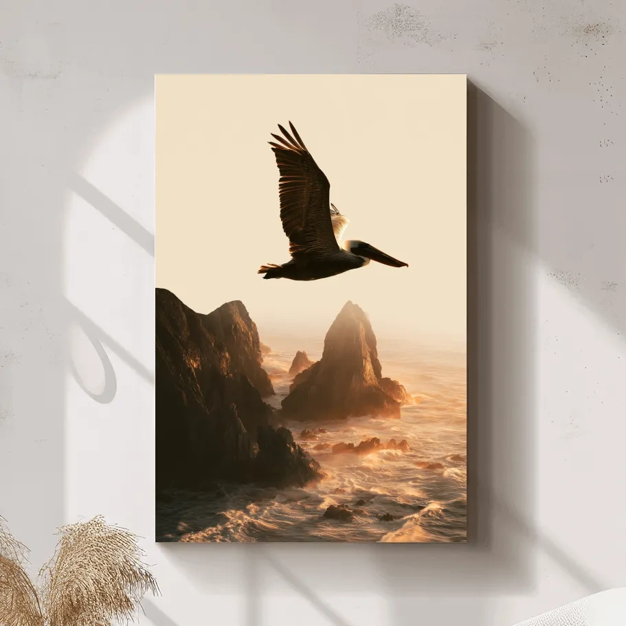 Golden Hour Pelican Flight - Dramatic Coastal Cliff Photographic Wall Art