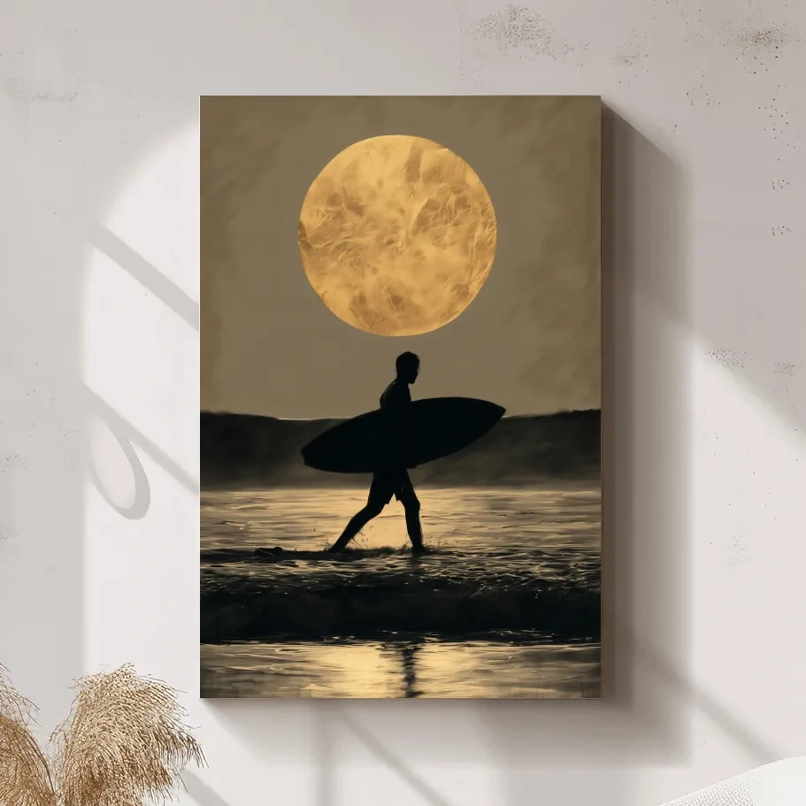 Moonlit Surfer Silhouette Drawing - Dramatic Beach Wall Art