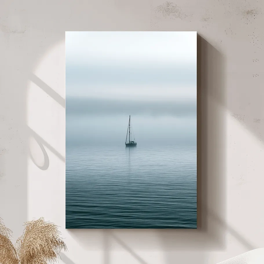 Misty Sailboat Horizon - Minimalist Photographic Ocean Wall Art
