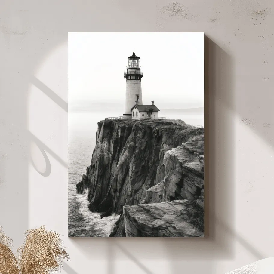 Dramatic Cliffside Lighthouse Drawing - Monochrome Coastal Wall Art