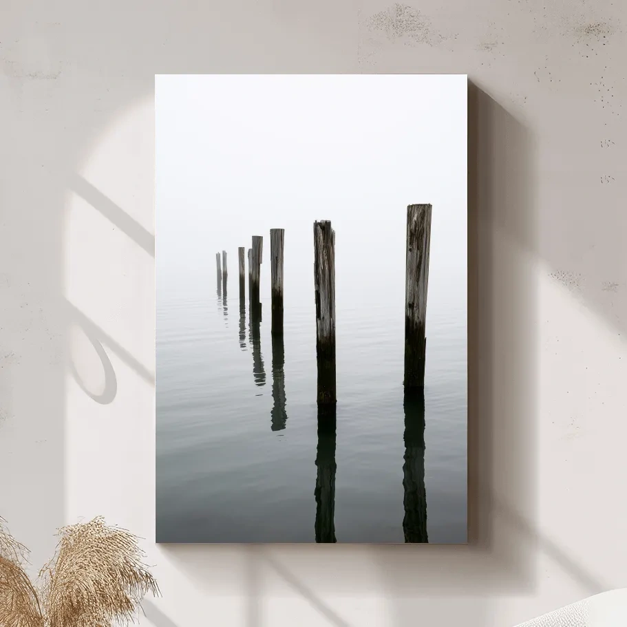 Misty Weathered Wooden Pilings - Minimalist Photographic Wall Art