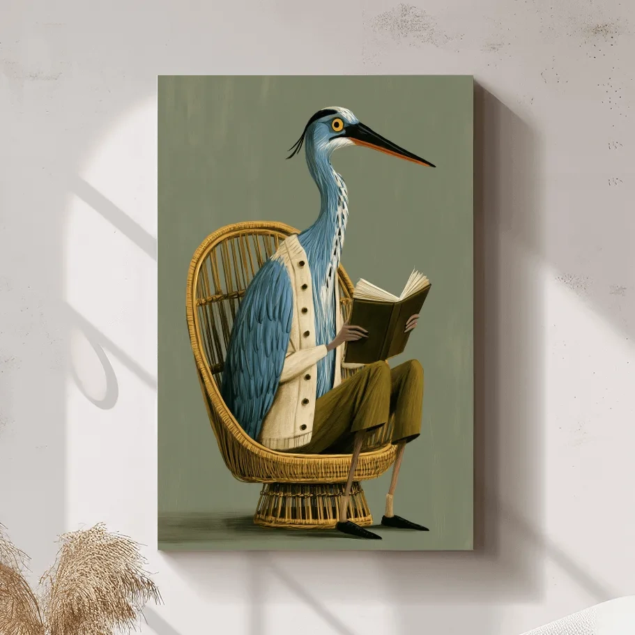 Whimsical Scandi Heron Reading Painting - Folk Art Bird Wall Art