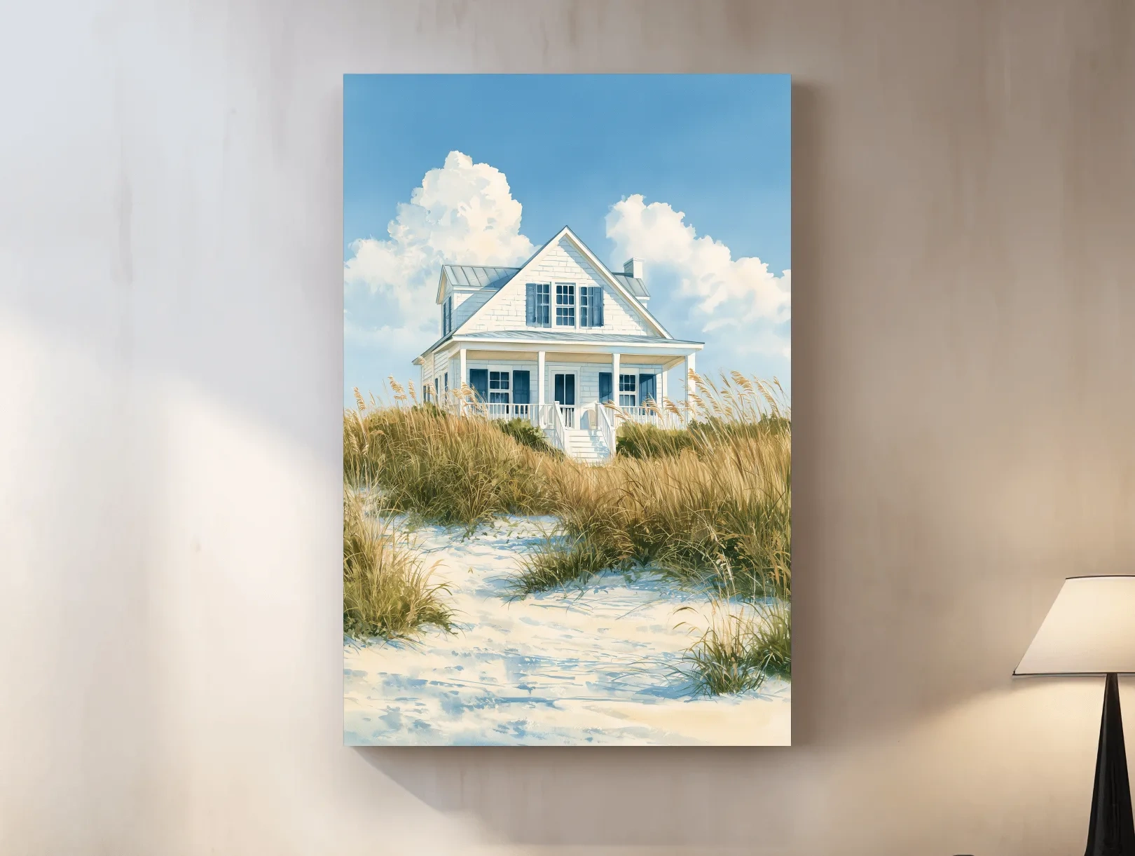 Serene Beach Cottage Painting - Coastal Dune Wall Art
