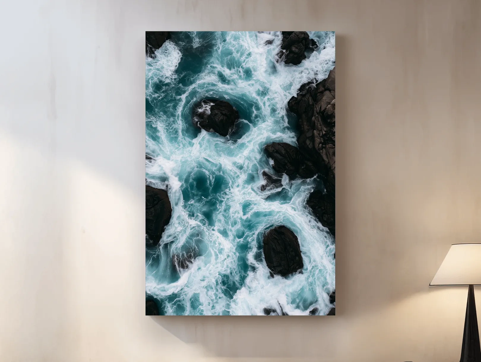 Aerial Crashing Waves Over Rocky Shore - Dramatic Photographic Wall Art