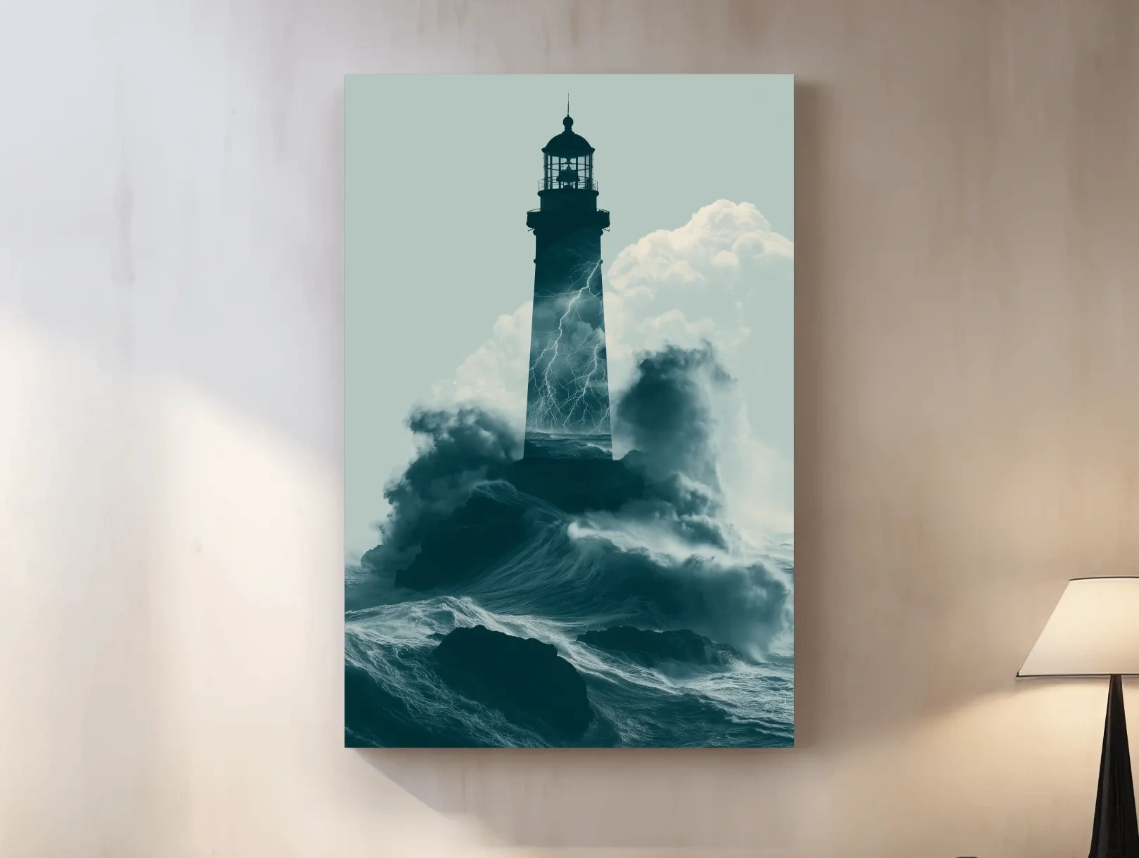 Surreal Storm Lighthouse Double Exposure - Dramatic Ocean Illustration Wall Art