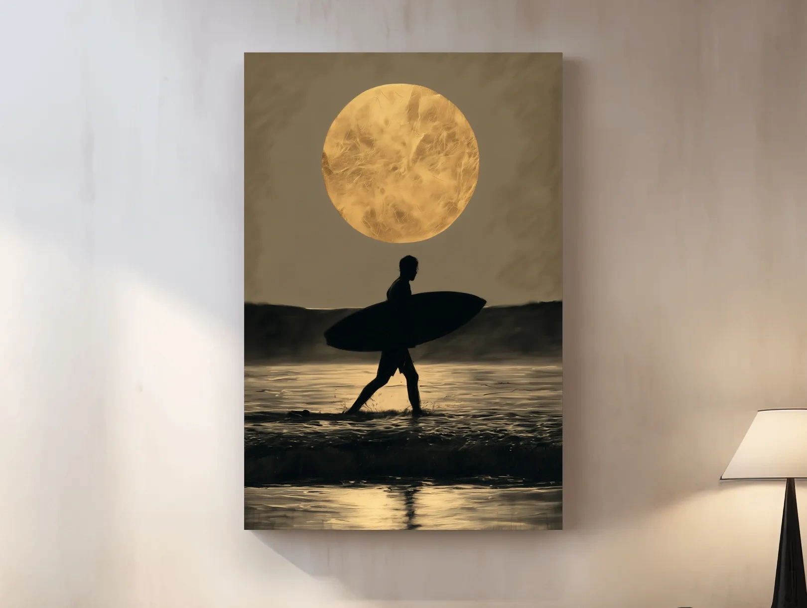 Moonlit Surfer Silhouette Drawing - Dramatic Beach Wall Art