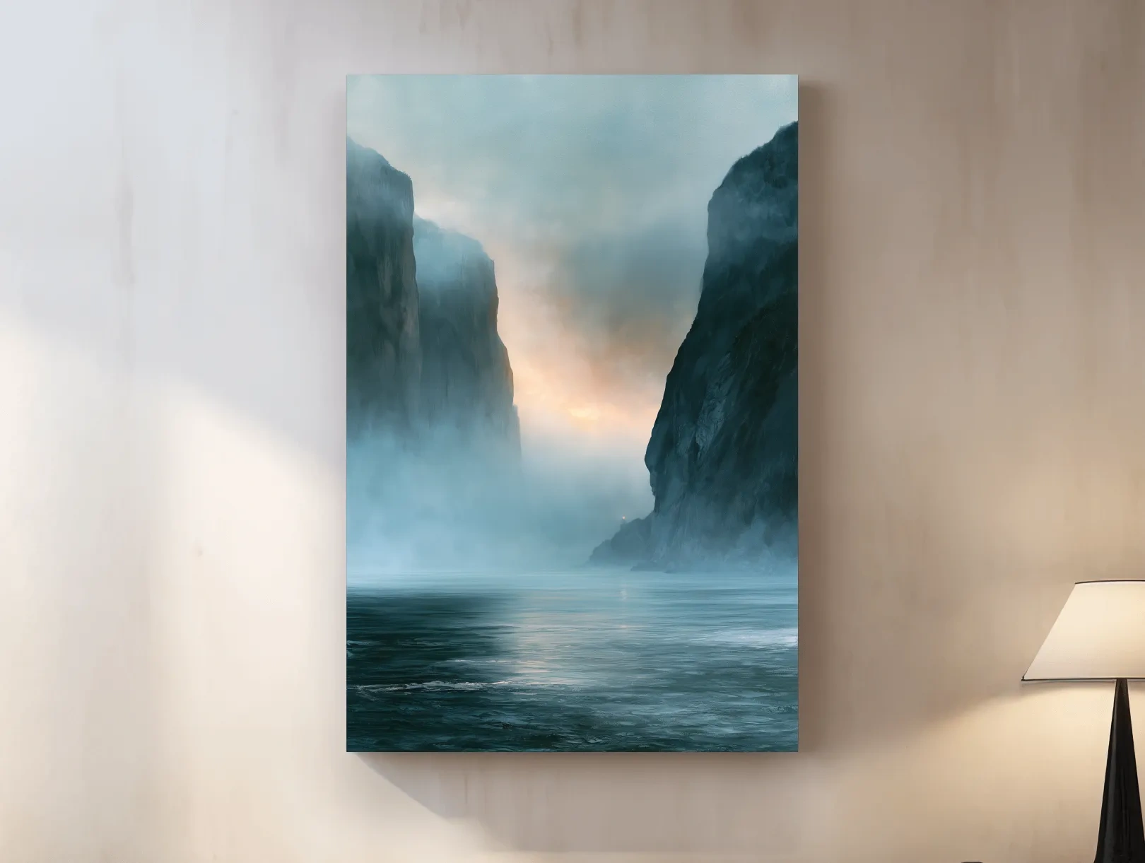 Misty Fjord Cliffs at Dawn - Dramatic Seascape Landscape Art
