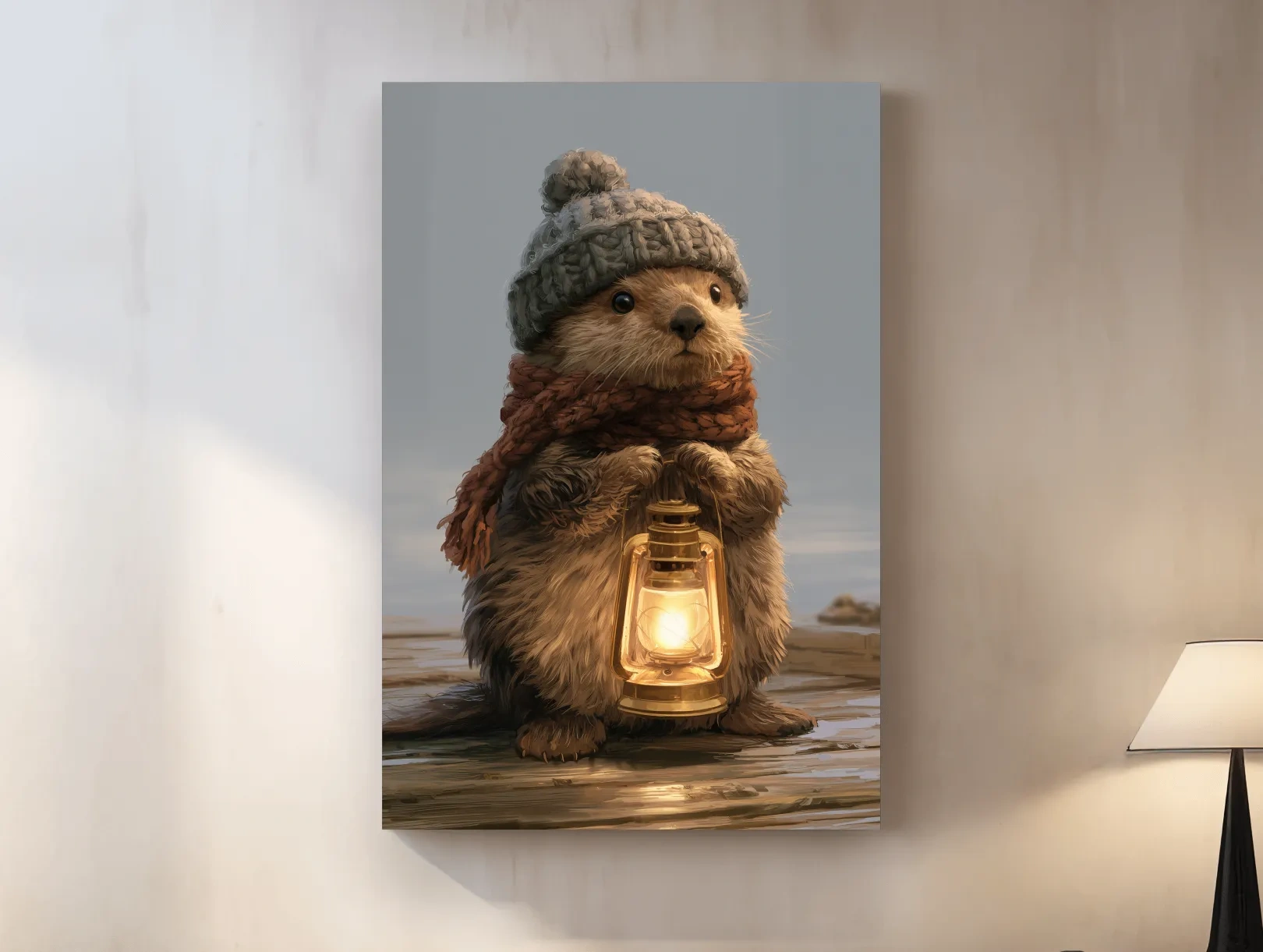 Whimsical Sea Otter Lantern Painting - Cozy Marine Life Wall Art