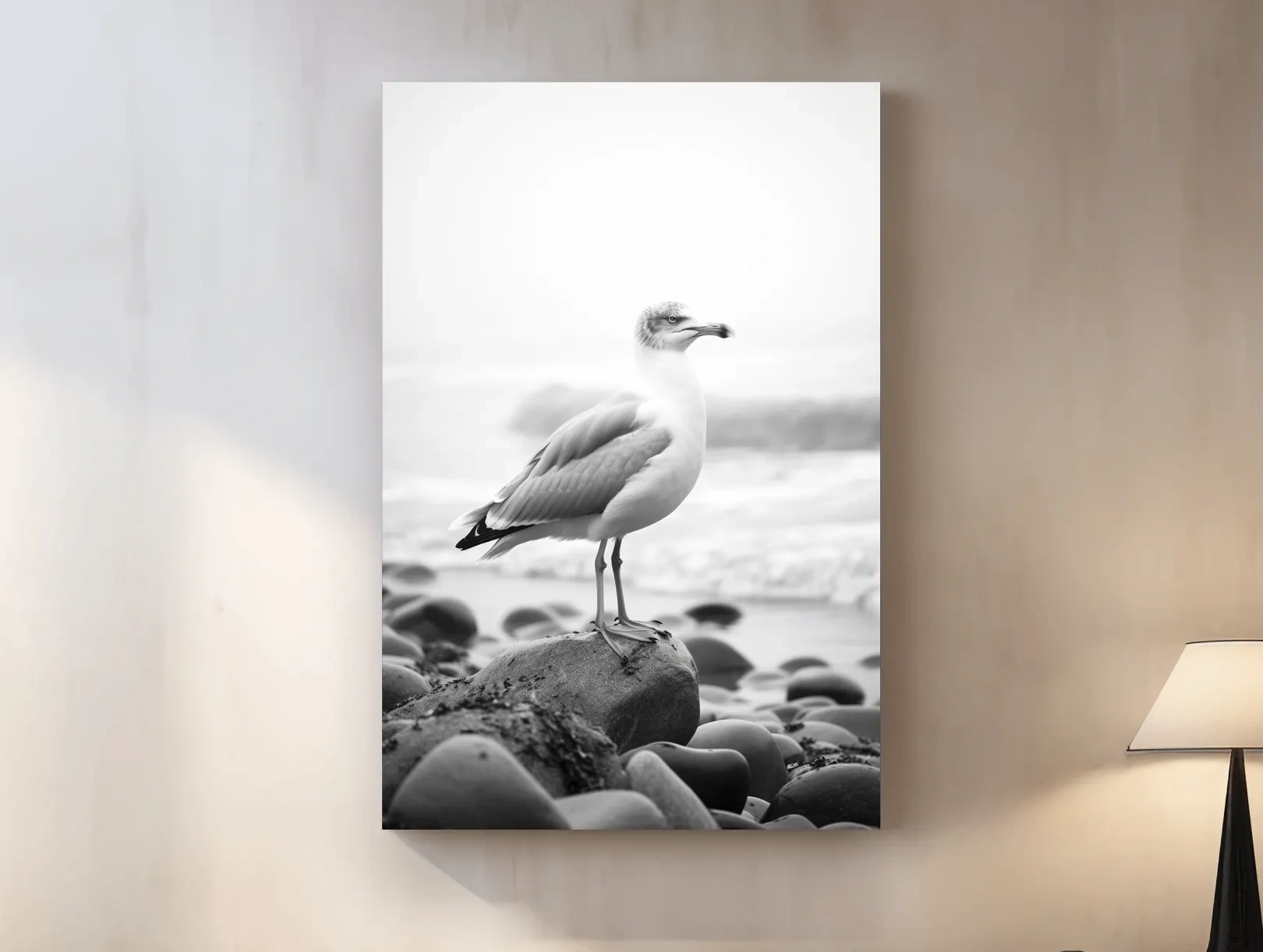 Misty Seagull On Pebble Beach - Minimalist Photographic Wall Art