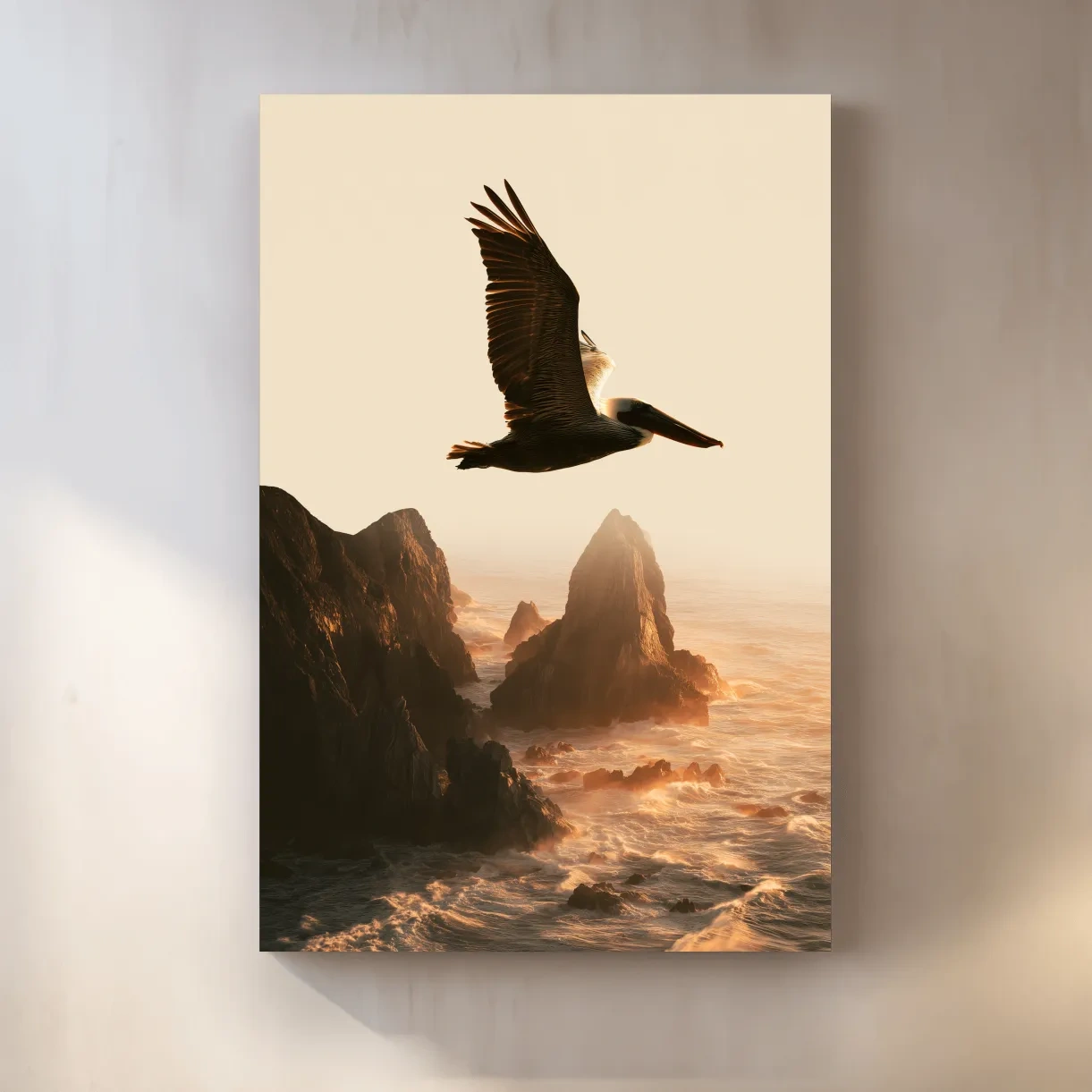 Golden Hour Pelican Flight - Dramatic Coastal Cliff Photographic Wall Art