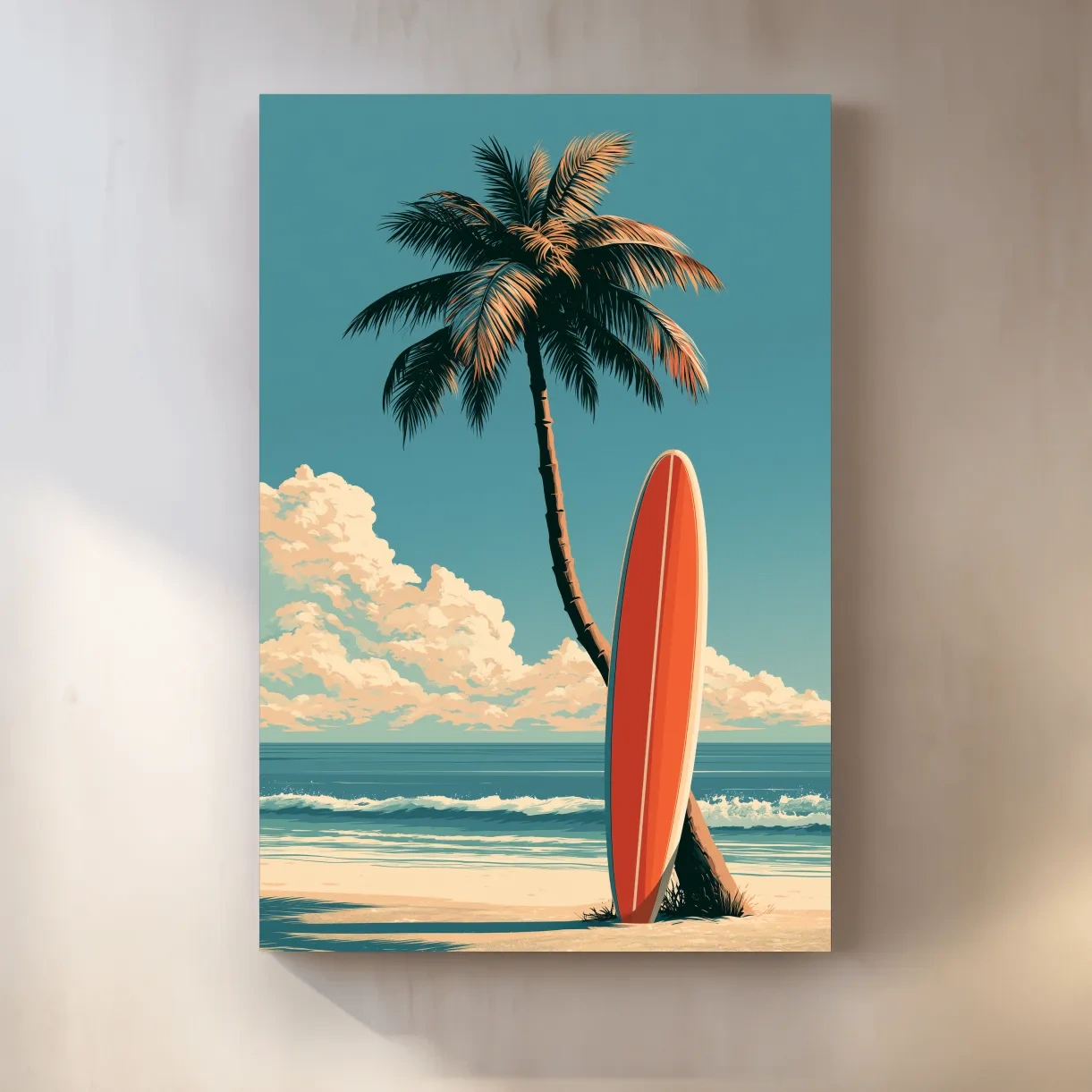 Vintage Surfboard on Palm Beach - Retro Coastal Wall Art