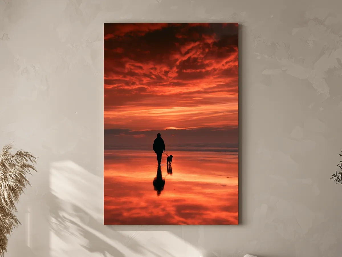 Sunset Walker and Dog Silhouette - Surreal Photographic Beach Wall Art