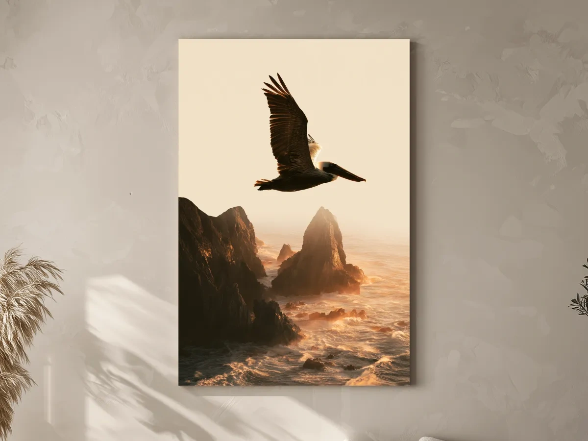 Golden Hour Pelican Flight - Dramatic Coastal Cliff Photographic Wall Art