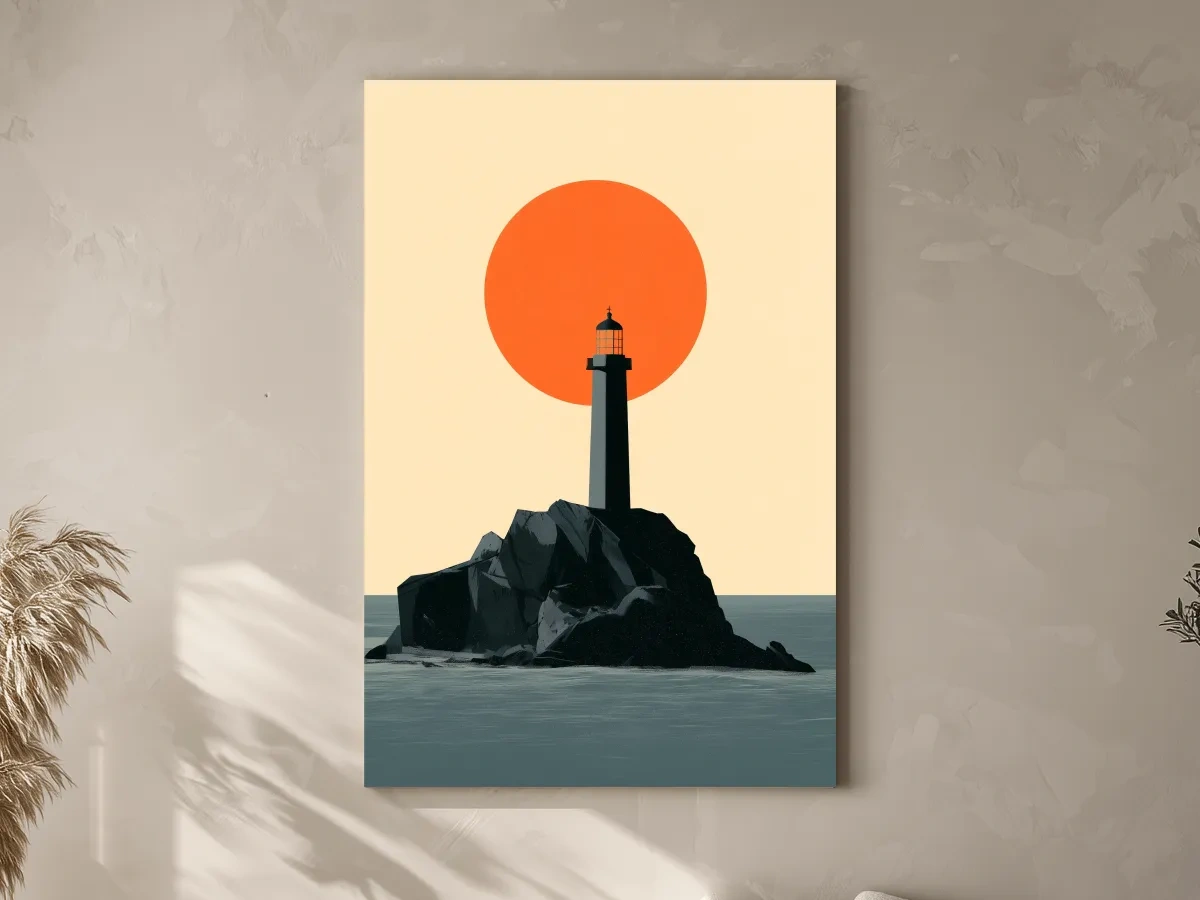 Mid-Century Lighthouse Sunset Illustration - Geometric Coastal Wall Art