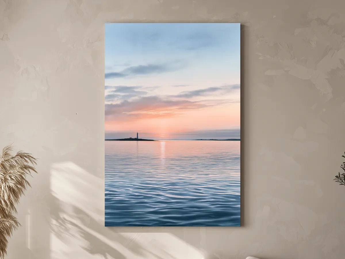 Serene Lighthouse Sunset Seascape - Minimalist Watercolour Wall Art