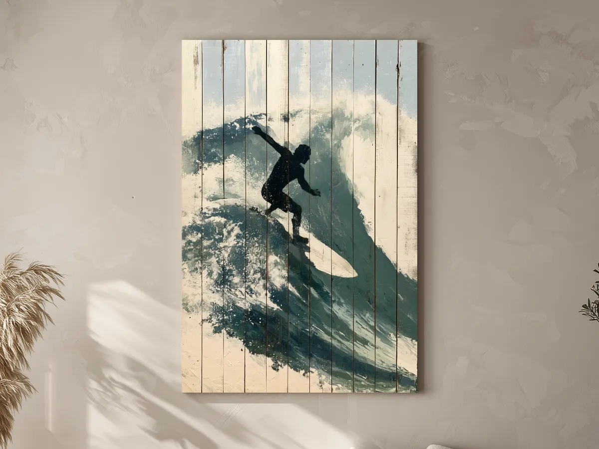 Surfer Silhouette Riding Wave Painting - Rustic Coastal Wall Art