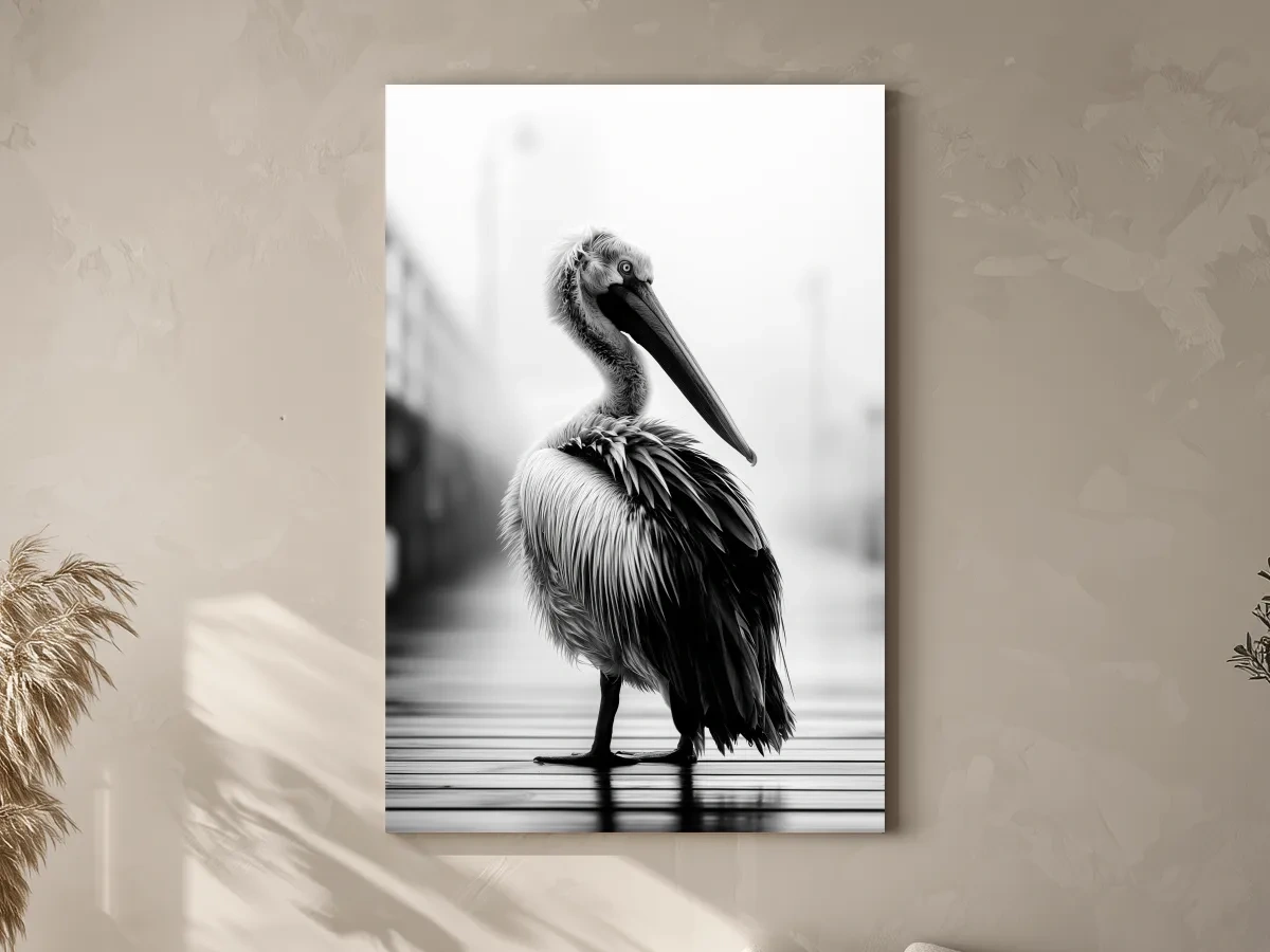 Misty Pelican Pier Portrait - Minimalist Photographic Bird Wall Art