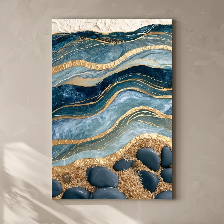 Abstract Layered Geological Strata - Gold Veined Stone Wall Art