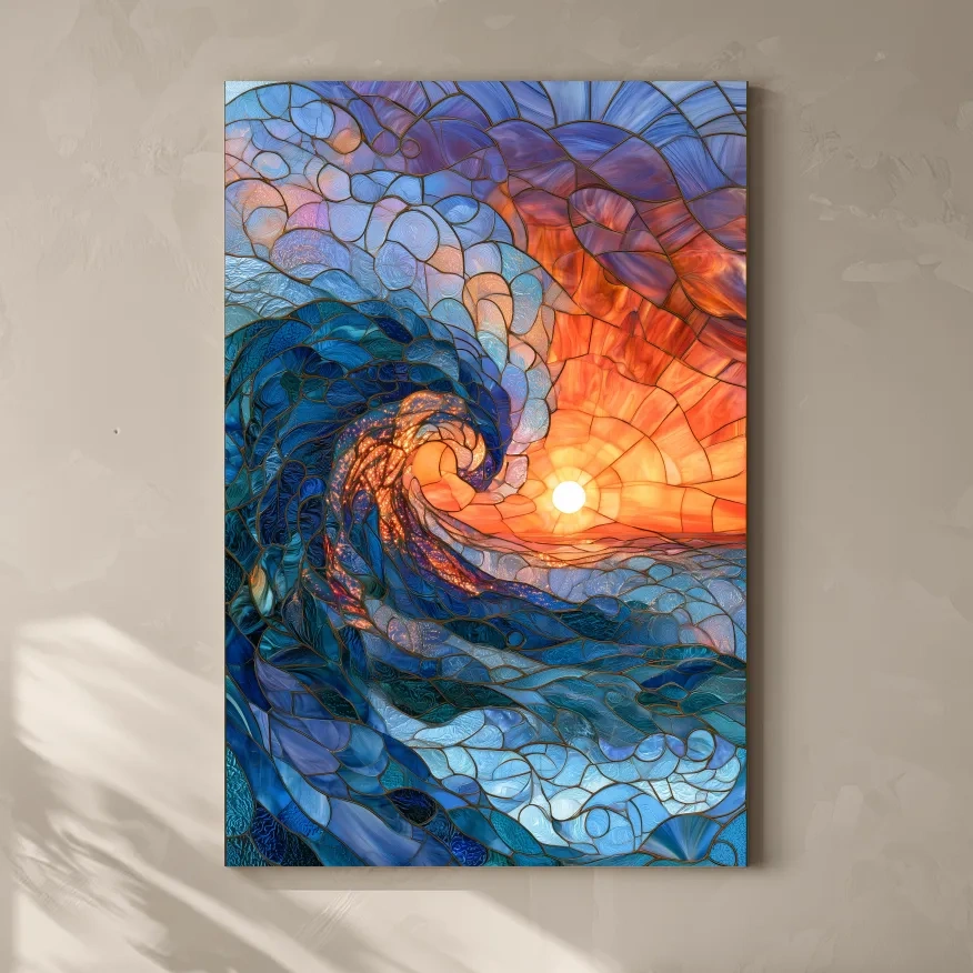 Stained Glass Style Crashing Wave - Abstract Ocean Sunset Wall Art