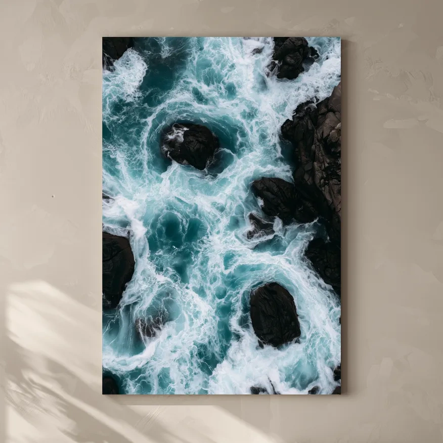 Aerial Crashing Waves Over Rocky Shore - Dramatic Photographic Wall Art