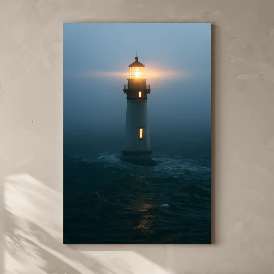 Misty Lighthouse Beacon - Dramatic Ocean Photographic Wall Art